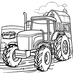 Big Farm Tractor with Barn and Hay Bales Coloring Page for Kids