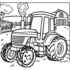 Powerful Farm Tractor in the Countryside Scene Coloring Page for Kids