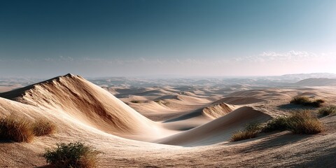 Sand dunes stretching into the hazy desert horizon under a vast blue sky