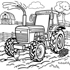 Farm Tractor Coloring Page with Barn and Animals