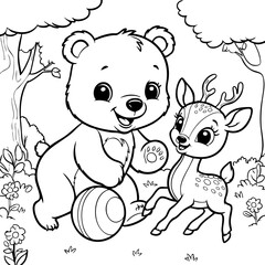 Adorable Bear Cub and Baby Deer Playing in a Colorful Forest Landscape