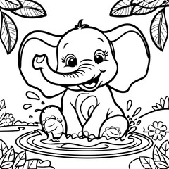 Baby Elephant Playing Happily in a Jungle Pond Coloring Page