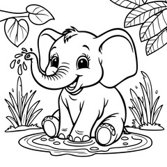 Happy Baby Elephant Splashing Water in a Jungle Pond