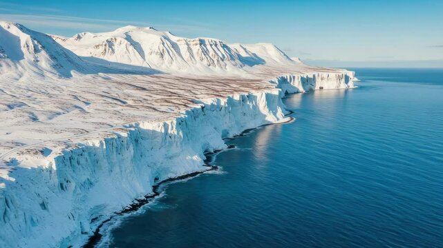 Snowy glacier coastline aerial view