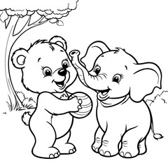 Bear and Elephant Playing with Ball Coloring Page