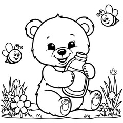 Adorable Bear Holding a Honey Jar Surrounded by Happy Buzzing Bees