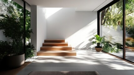 Modern Minimalist Interior with Wooden Stairs and Natural Light