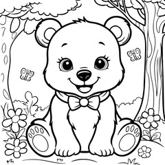 Sweet Bear Wearing a Bow Tie Sitting in a Cheerful Forest Scene