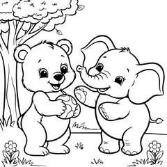 Bear and Elephant Playing with a Ball in the Park