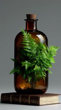 Amber Bottle with Fern and Antique Book