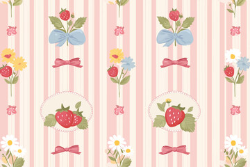 Pretty Pink Strawberry and Floral Seamless Pattern Design