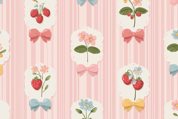 Obraz premium Pretty Pink Strawberry and Flower Seamless Pattern Design