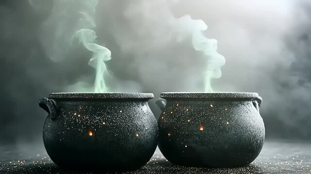 Two mystical cauldrons with bubbling green potion for Halloween preparation