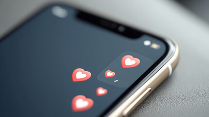 Smartphone screen displaying red heart icons in messaging app close-up