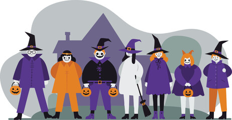 Group of diverse children in colorful Halloween costumes with witch hats holding pumpkin buckets for trick or treat fun 