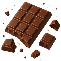 Delicious milk chocolate bar broken pieces falling isolated transparent background