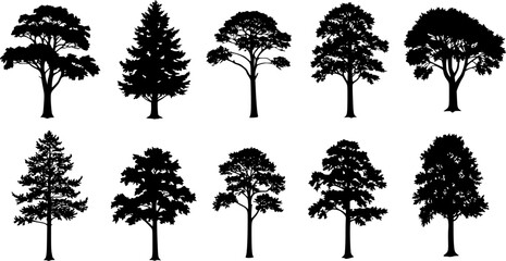 Fototapeta premium Tree Variety Collection in Simple Black Silhouette Vector Style, Isolated on White Background — Perfect for Nature, Landscape, and Outdoor-Themed Design Projects