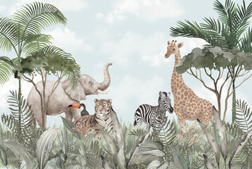 African Wildlife Mural: Elephants, Giraffe, Zebra, Lion in Verdant Tropical Scene © csinie1