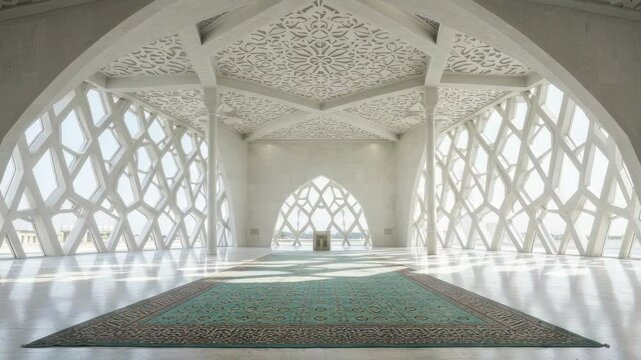 White mosque interior with geometric patterns