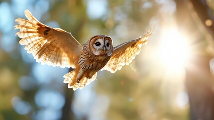 Owl in Flight, Wings Spread in Golden Light