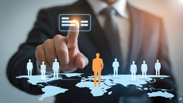 Businessman Selecting Candidate On Global Map Interface Representing Recruitment Human Resources Talent Search And International Hiring