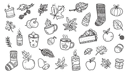 Hand-Drawn Autumn Doodle Set Leaves, Apples, Candles, and More