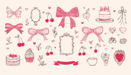 Hand-Drawn Coquette Elements Charming Bows, Cherries, Cakes & More