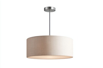 Modern pendant light featuring a cylindrical, light beige fabric shade and a brushed nickel metal suspension