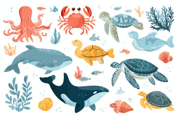 Naklejka premium Hand-Drawn Marine Life Illustrations Ocean Animals Set for Design Projects