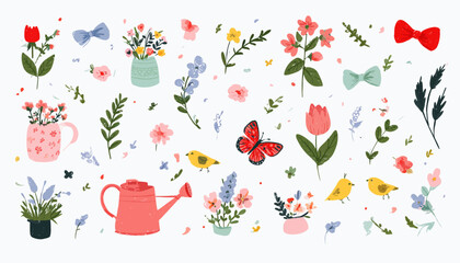 Spring Floral Elements Cute Flowers, Birds, Butterflies, and More