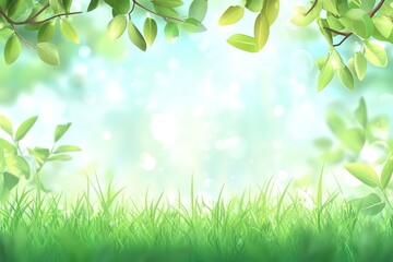 Bright Green Spring Grass and Leaves Background