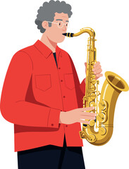Fototapeta premium Man playing saxophone in red shirt with curly hair vector illustration 