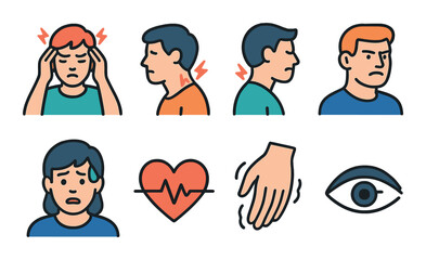 Stress management icon set in linear style. anxiety, tension relief symbols