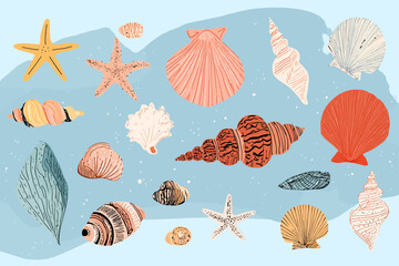 Colorful Seashell Collection � Hand-Drawn Starfish and Tropical Shells on Blue Background for Summer Designs