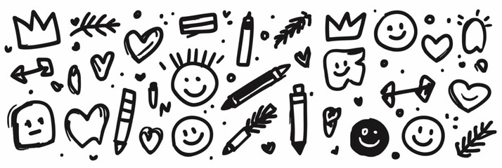 Hand drawn smile brush vector set with emoji faces, hearts, crowns, arrows, and crayon texture elements