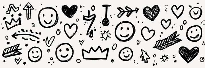 Obraz premium Hand drawn smile brush vector set with emoji faces, hearts, crowns, arrows, and crayon texture elements