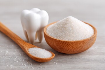 Wooden bowl and spoon filled with granulated sugar beside a model tooth on a light wood surface.  Illustrates sugar's impact on dental health