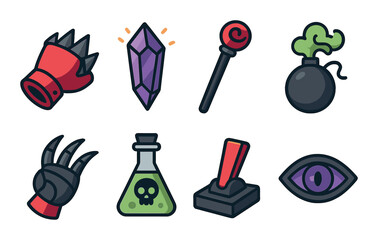Comic villain flat icon set. evil characters, nefarious symbols, dastardly designs