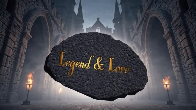 Mysterious medieval realm with floating stone inscription legend and lore