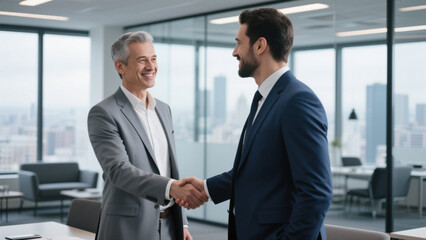 Two professionals in formal business attire shake hands warmly in a modern, well-lit office setting.