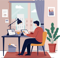Fototapeta premium Man working at desk using digital tablet and laptop in modern home office interior 