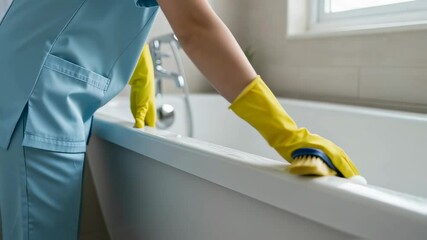 Woman cleaning bathtub with yellow gloves and sponge. Housekeeping routine in bathroom. Home maintenance and hygiene tips for sparkling tub and tiles.
