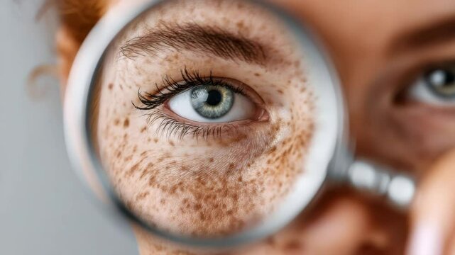 Macro image of a person's eyelid and skin details, emphasizing freckles and eyelashes through a circular lens