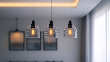 Obraz premium Modern glass pendant lights hanging in a stylish, minimalistic living room with soft natural lighting.