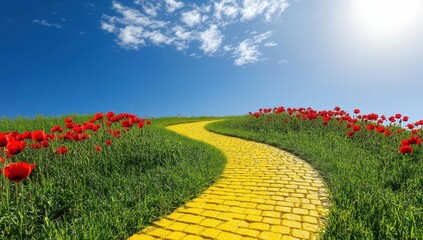 A winding yellow brick road ascends a verdant hill, bordered by vibrant red poppies under a bright, sunny sky