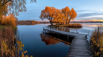 Serene autumn lake scene with a wooden pier extending into the water