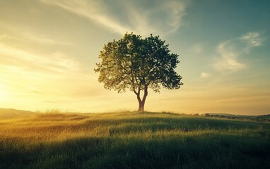 Obraz premium Lone Tree on a Grassy Hill at Sunset