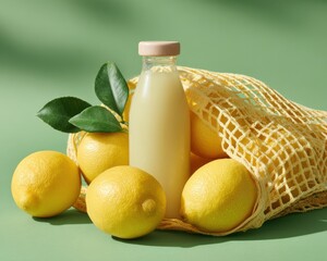 A bottle of lemonade is next to a bag of lemons