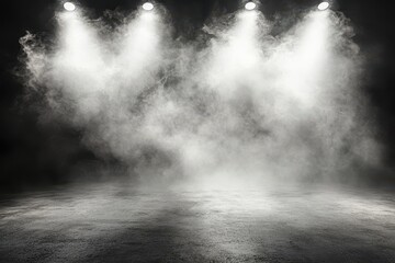 Three spotlights illuminate a smoky, dark grey concrete floor, creating dramatic lighting and atmospheric depth