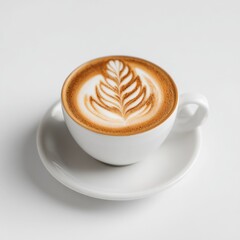 A white coffee cup with a leaf design on it